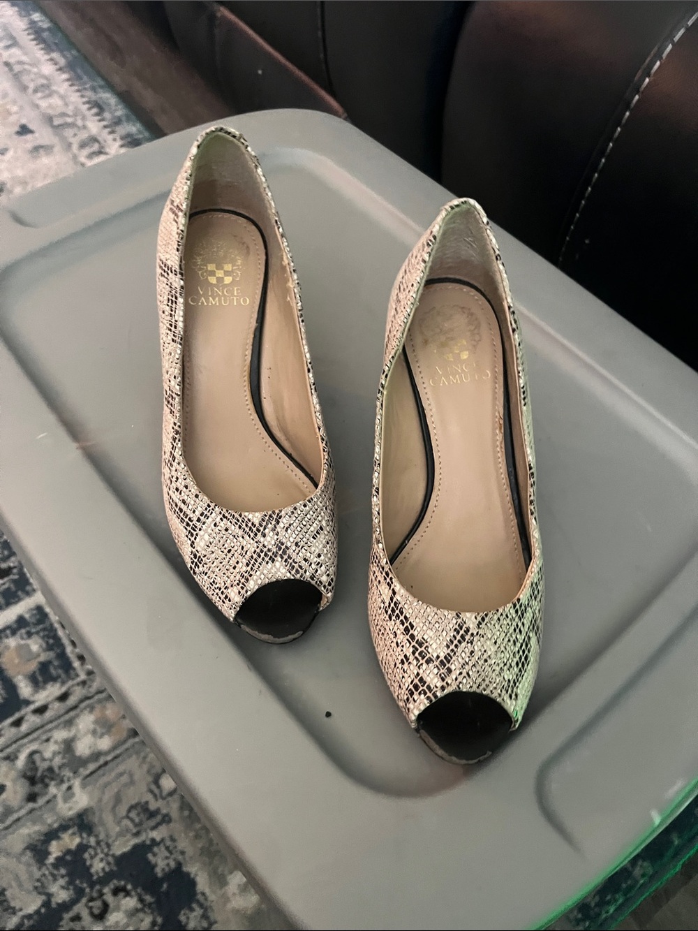 Vince Camuto Women's Snake-Print Peep Toe Heels in Beige and Black